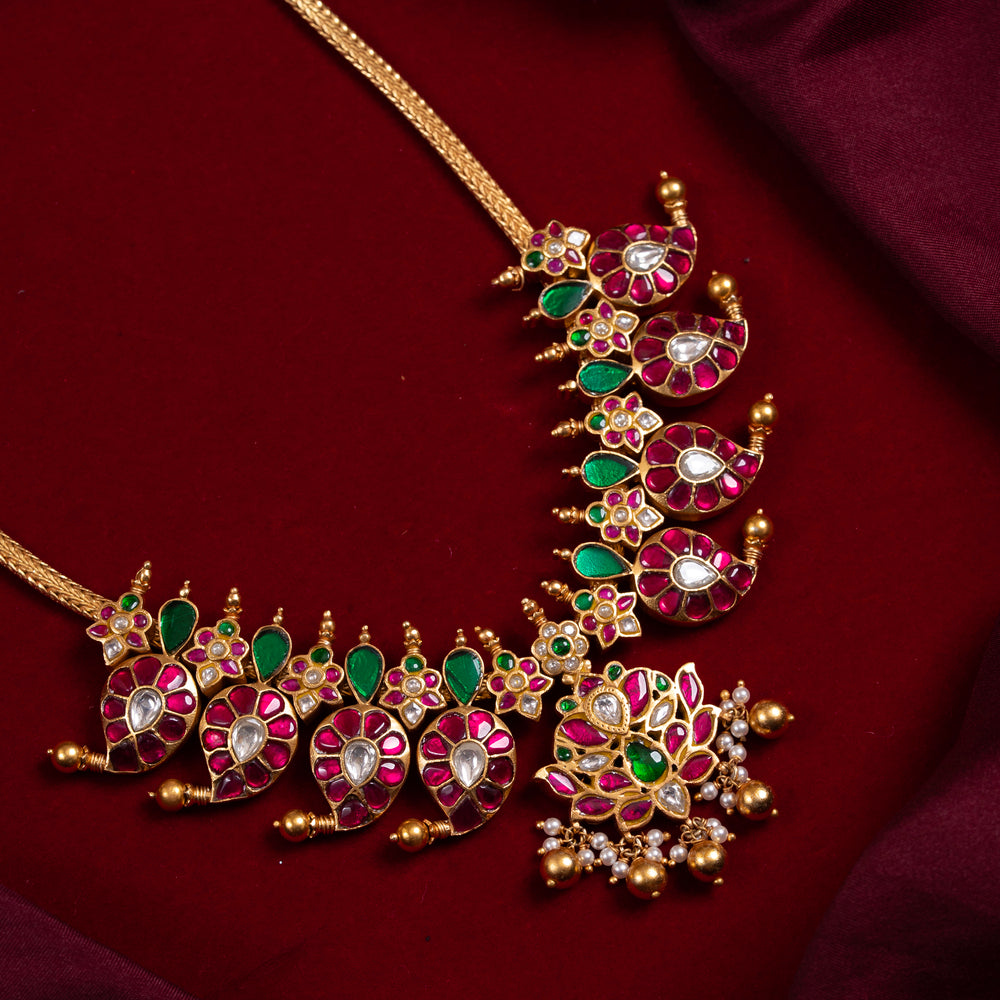 Pure 92.5 Silver, Gold Plated Kundan Jadau Mango Short Necklace