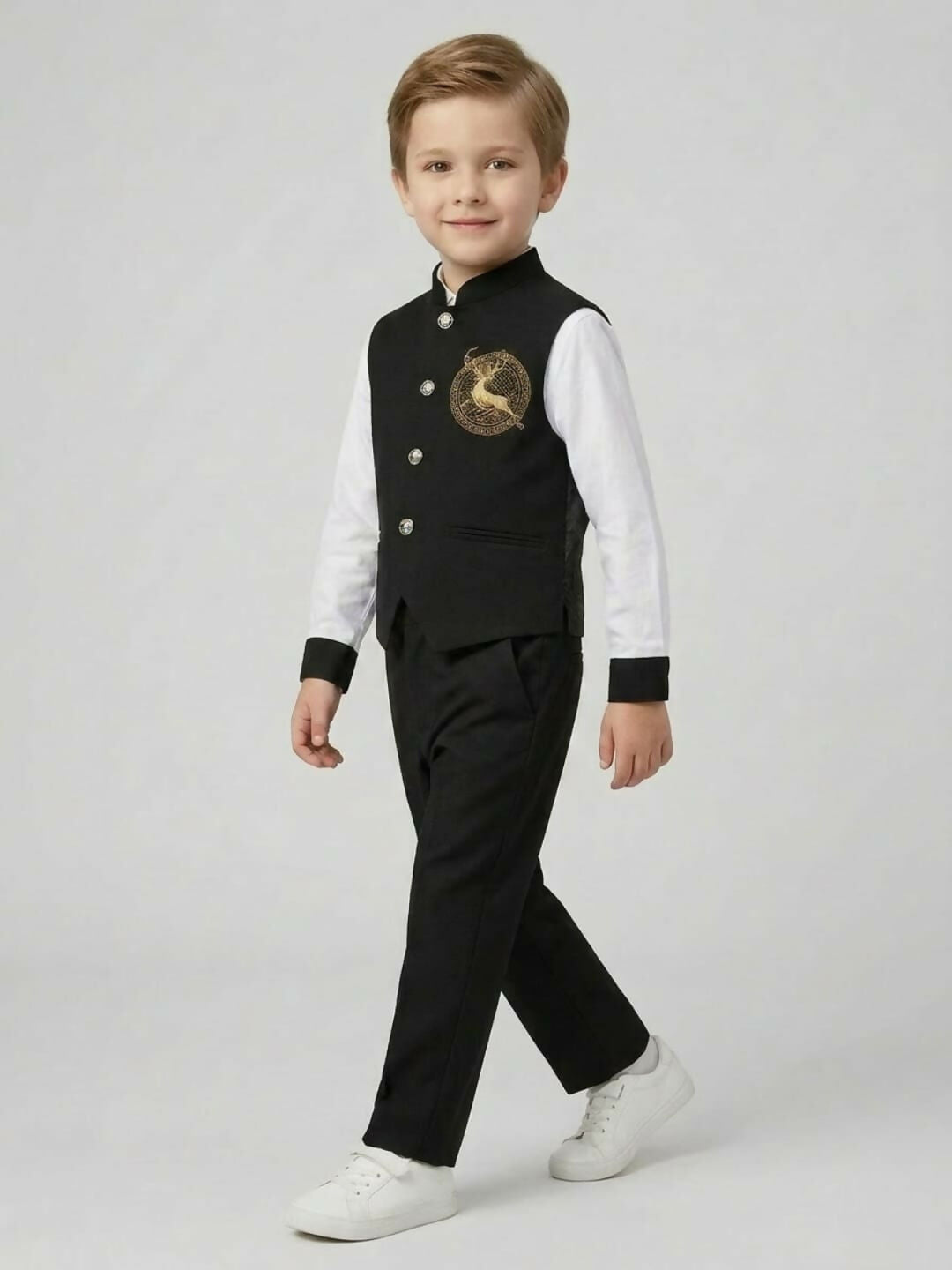 Boys Ethnic Black & White Waistcoat Suit Set with Shirt and Trousers | SHOBITAM