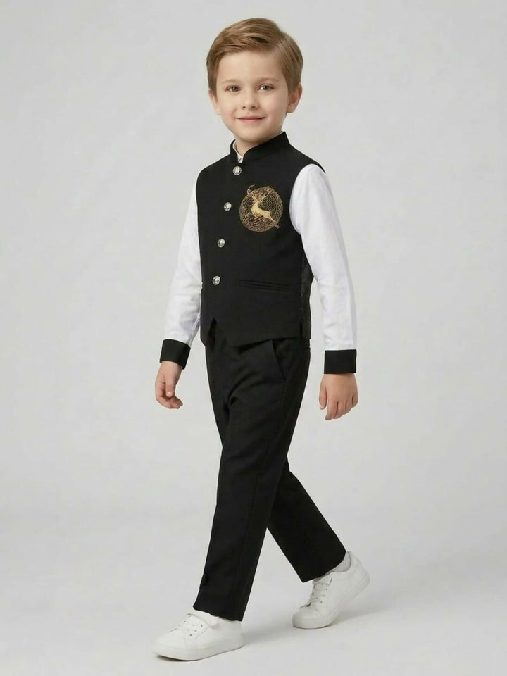 Boys Ethnic Black & White Waistcoat Suit Set with Shirt and Trousers | SHOBITAM