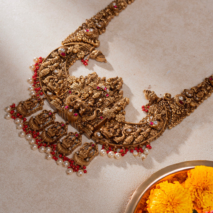 Pure 92.5 Silver, Gold Plated Lakshmi Devi Motif Gold Haram