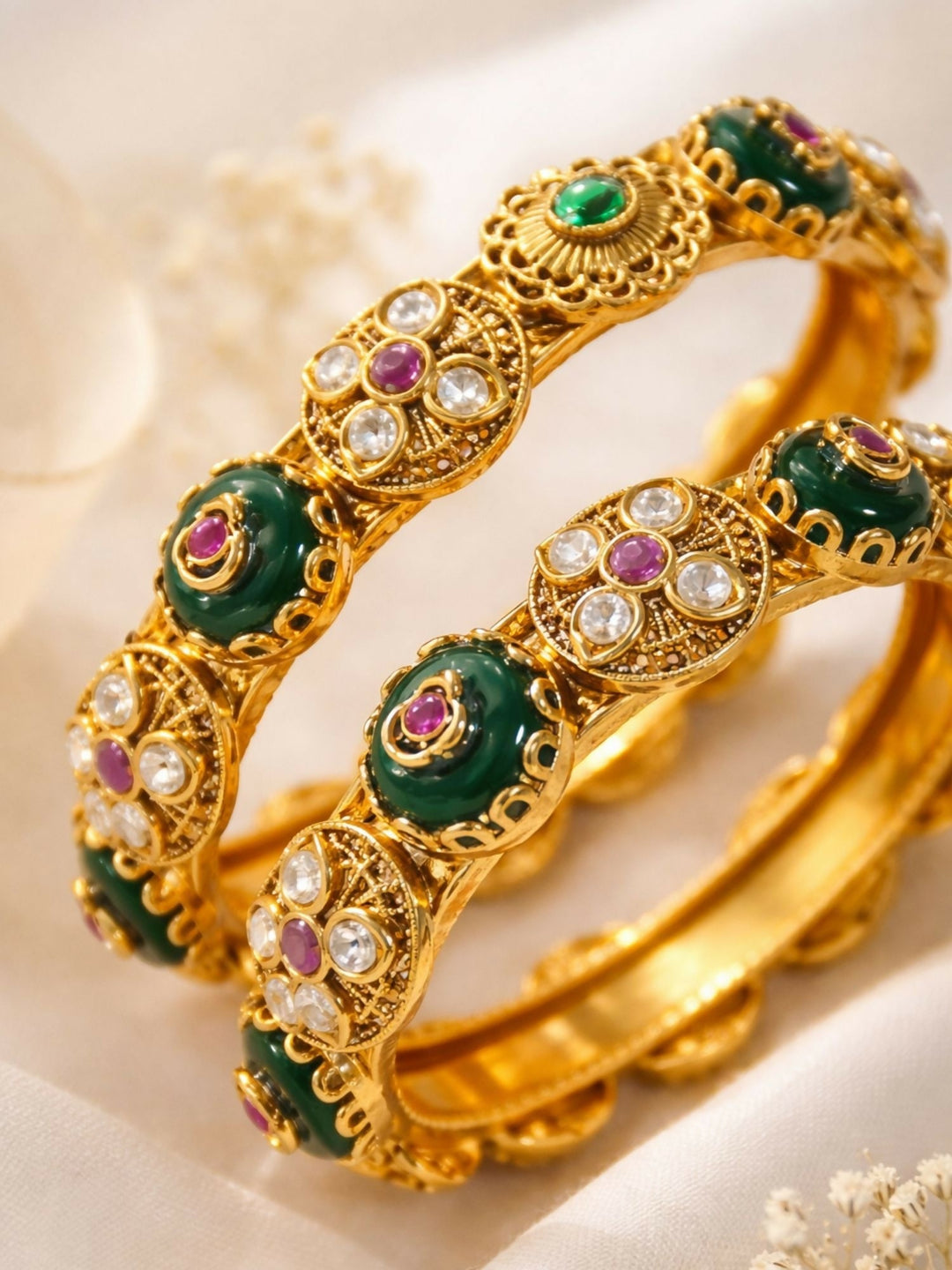 2.4' Antique Gold Plated Kundan Kada Bangles | SHOBITAM