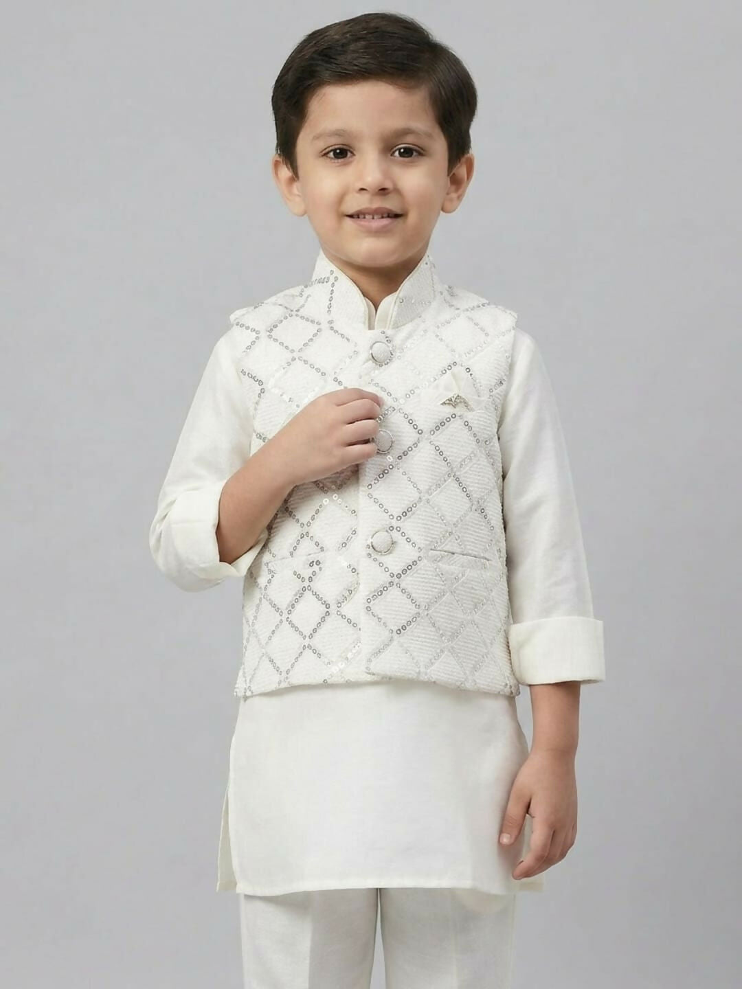 Boys White Kurta Pajama Set with Embroidered Nehru Jacket | SHOBITAM