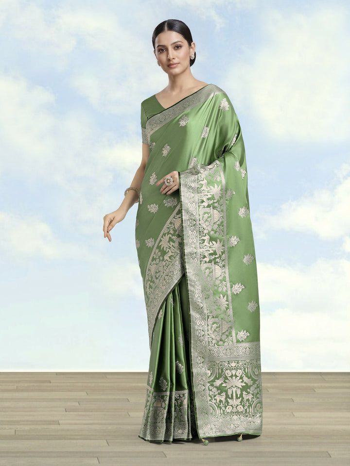 Light Green Zari Weaving Work Banarasi Satin Silk Saree |SHOBITAM