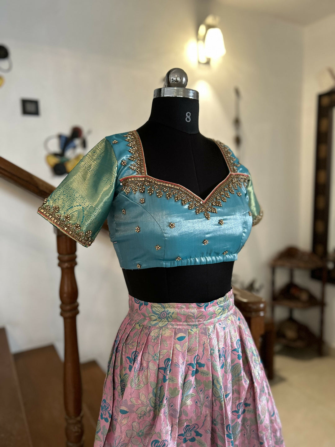 Yuvathi Rose pink tissue half saree /lehenga set with aari work