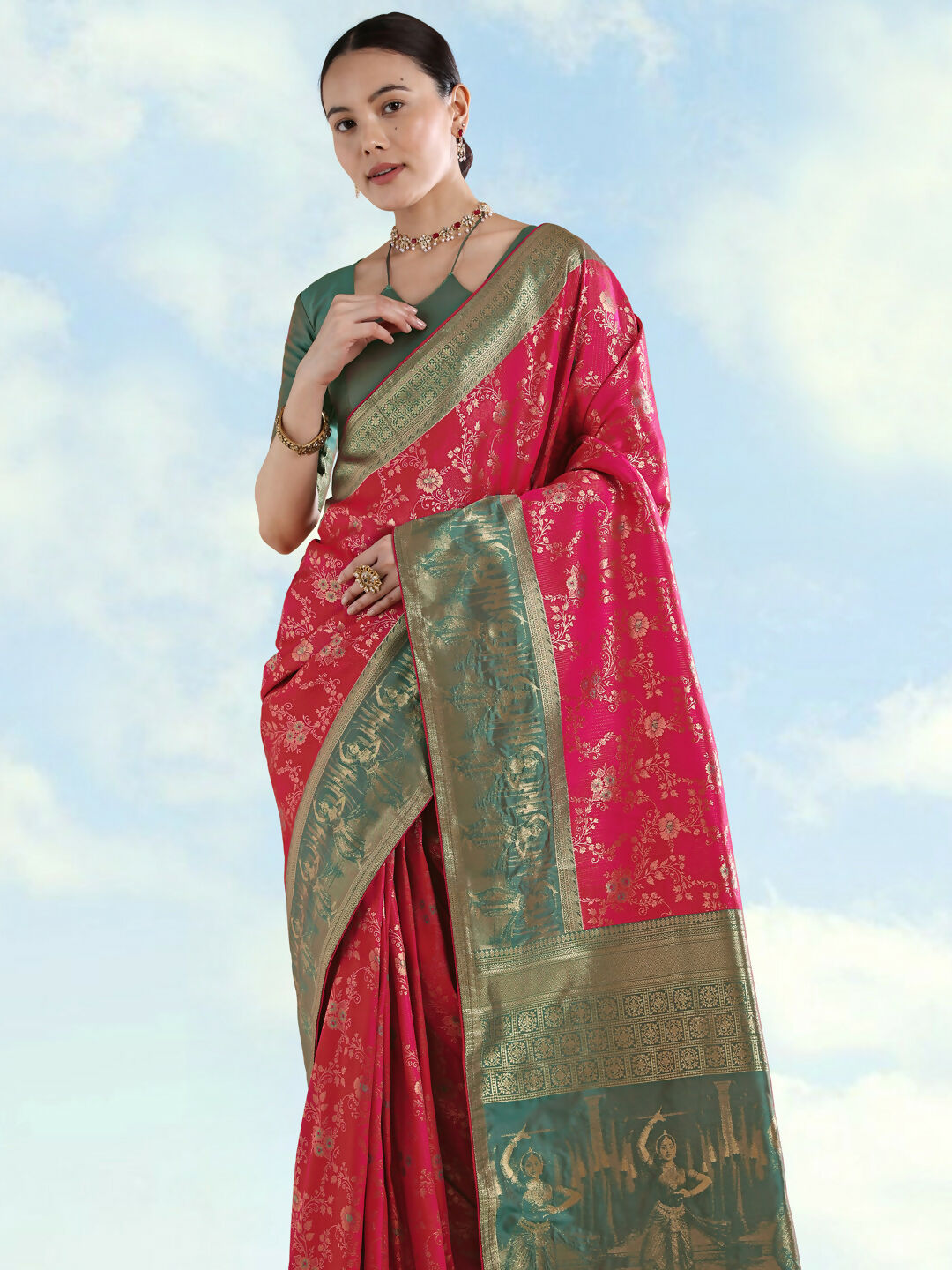 Rani Pink Banarasi Semi Silk Saree With Zari Woven Design | SHOBITAM