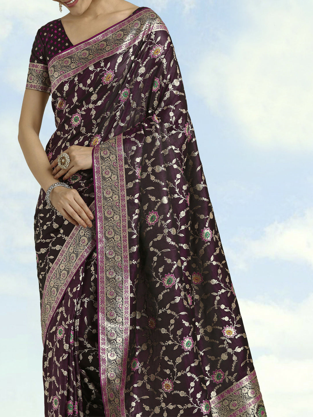 Wine Zari Woven Banarasi Satin Silk Saree | SHOBITAM