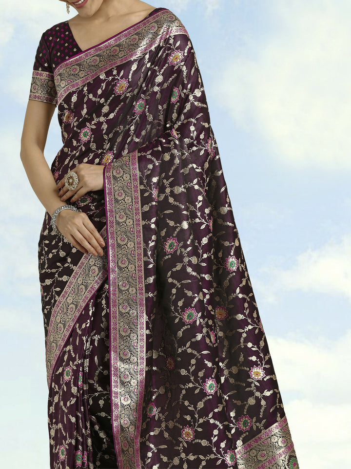 Wine Zari Woven Banarasi Satin Silk Saree | SHOBITAM