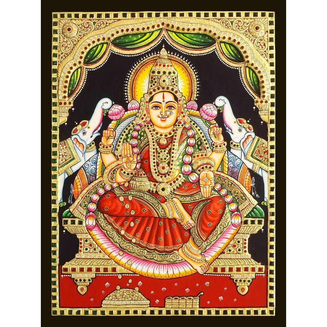 18*24 Authentic TANJORE PAINTING GAJA LAKSHMI With 22 Ct gold Foil and Jaipur Gemstones,Unframed | SHOBITAM