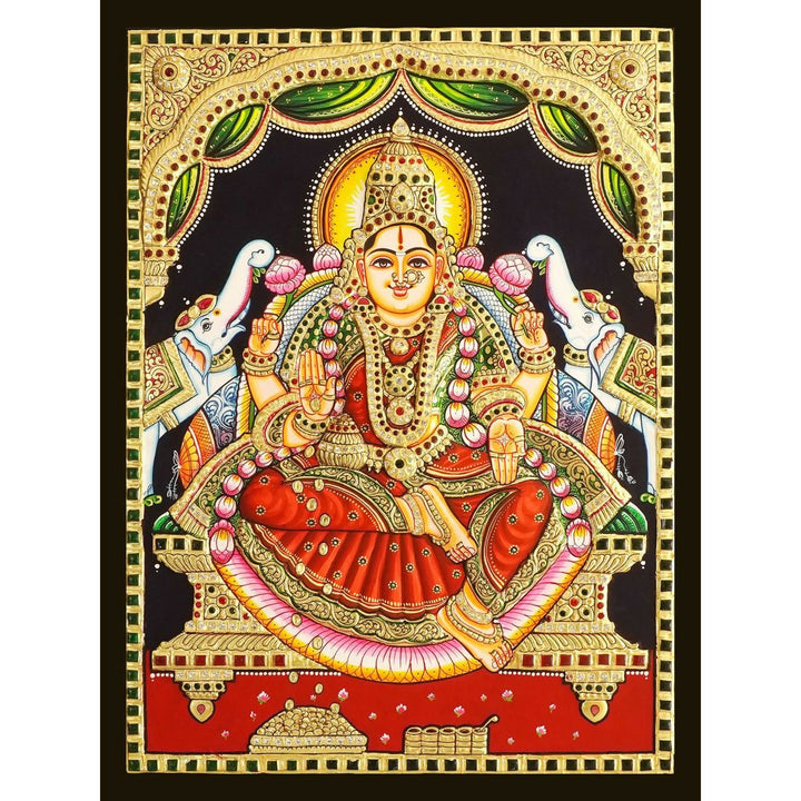 18*24 Authentic TANJORE PAINTING GAJA LAKSHMI With 22 Ct gold Foil and Jaipur Gemstones,Unframed | SHOBITAM