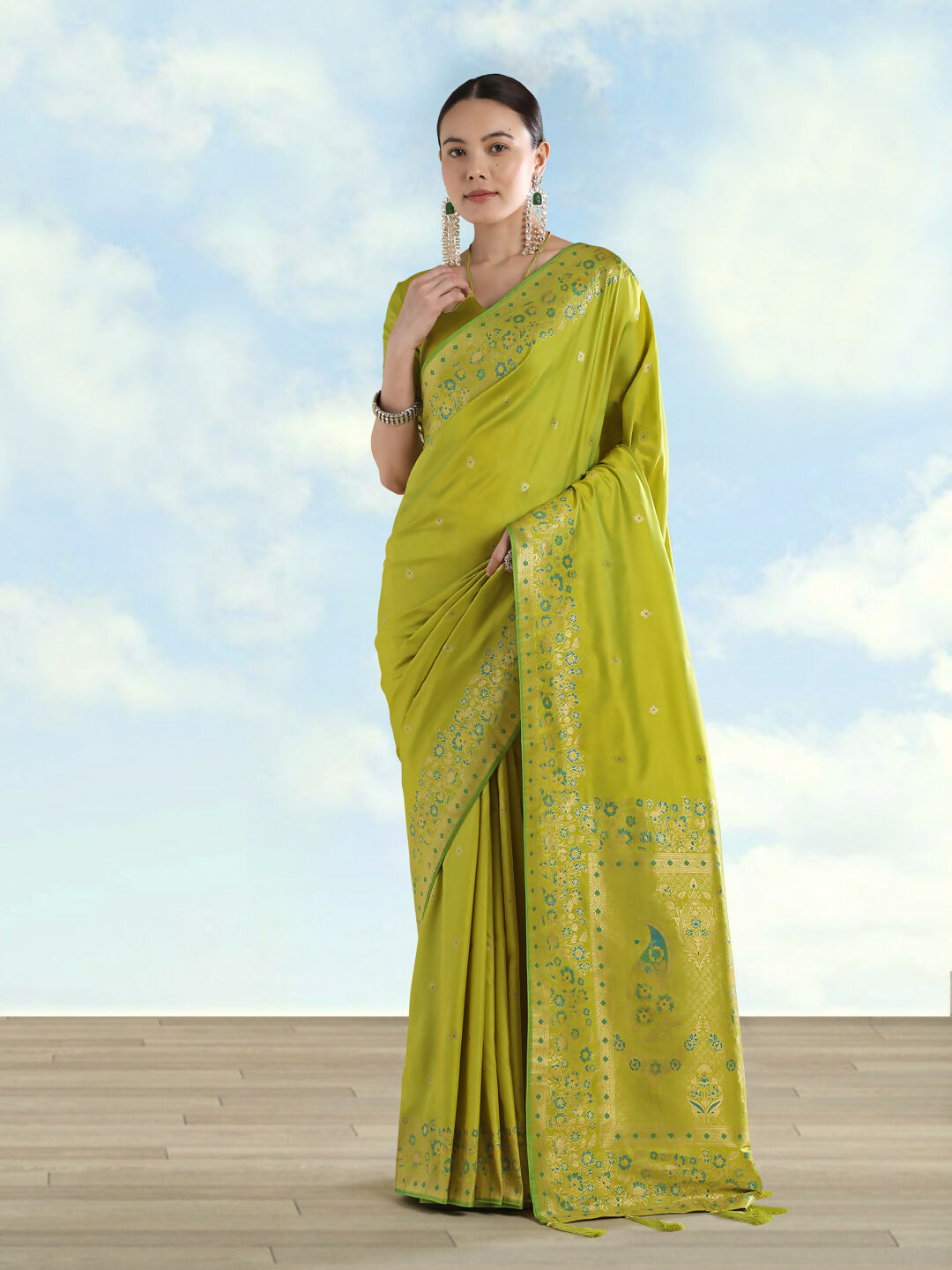 Pear Semi Banarasi Satin silk Saree With Zari Border And Butti Work | SHOBITAM