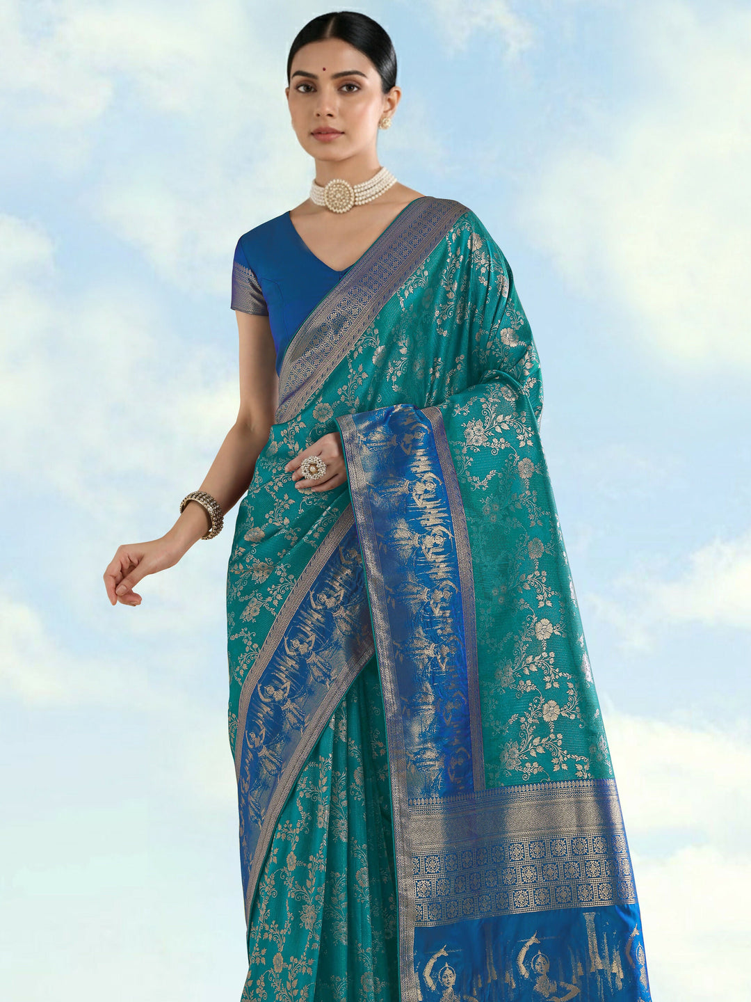Turquoise Banarasi Semi Silk Saree With Zari Woven Design  | SHOBITAM