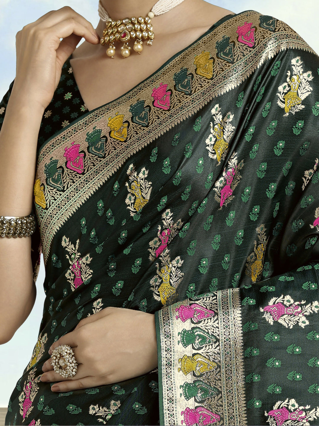 Dark Green With Gold Bordar Banarasi Satin Zari Woven Saree | SHOBITAM