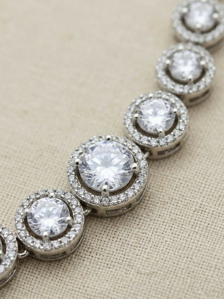 Round Silver Plated American Diamond Necklace Set | SHOBITAM