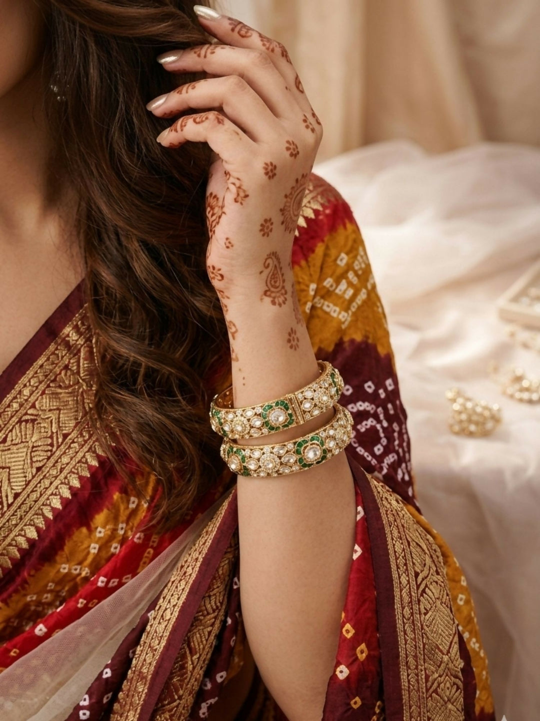 Gold Plated Uncut Polki Moissanite Bangles | SHOBITAM