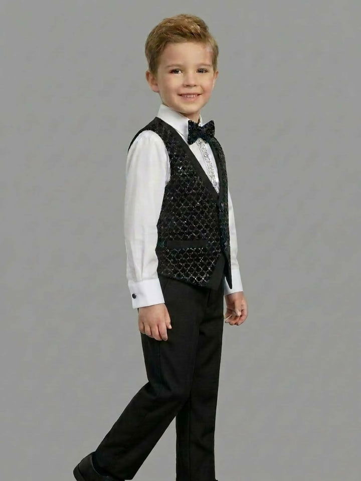 Boys Formal Black Waistcoat Suit Set with Shirt, Trousers and Bow Tie | SHOBITAM