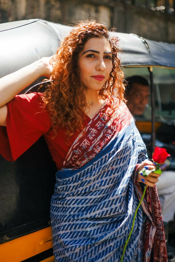 Bombay ki Baarish Dabu Block Printed Indigo Cotton Saree | SHOBITAM