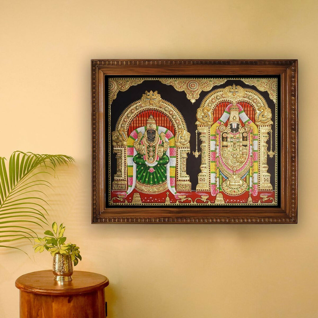 48*36 Tanjore painting of Balaji with padmavathi Authentic With 22 Ct gold Foil and Jaipur Gemstones,Unframed-Sobitam