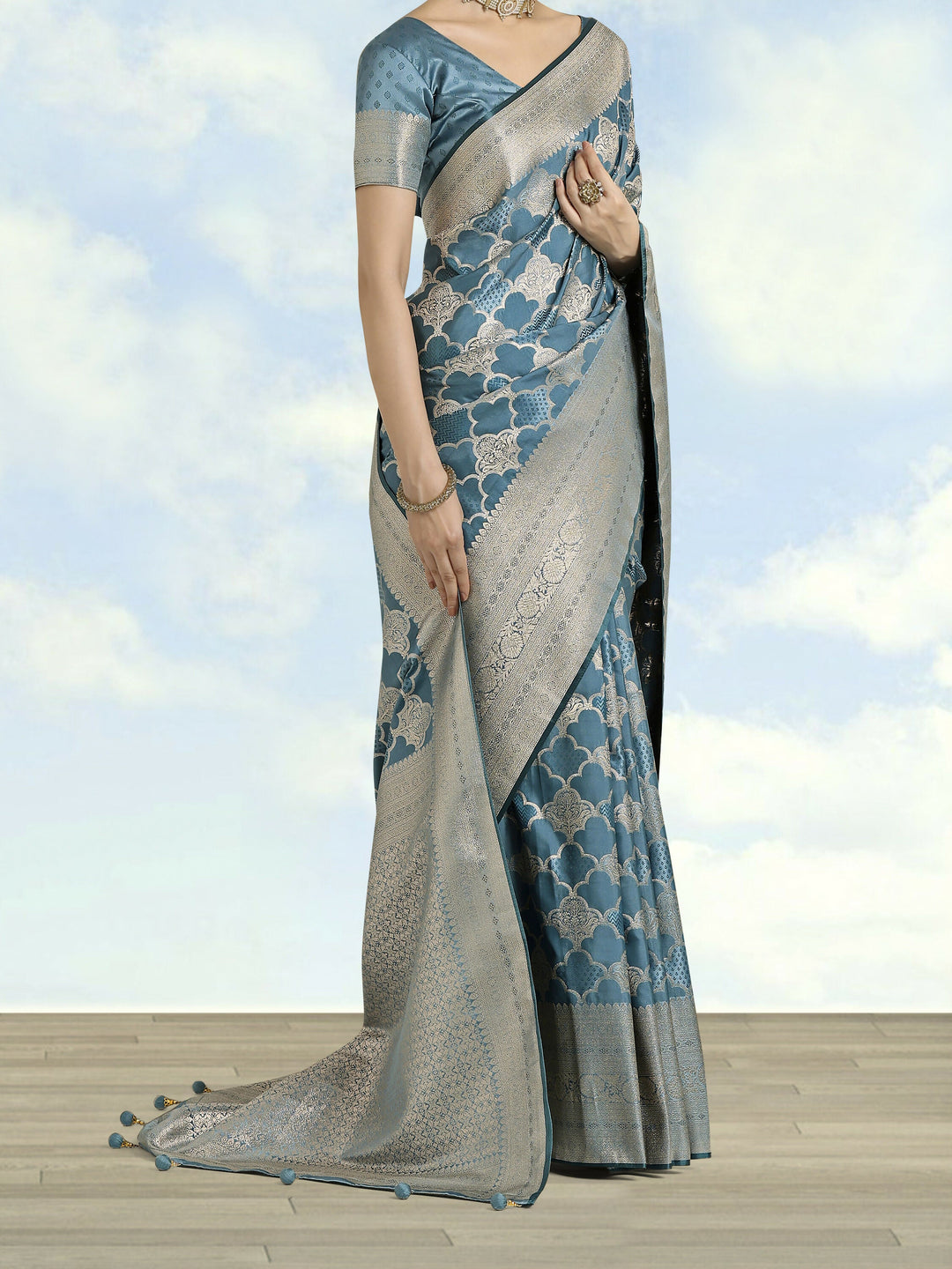 Cyan blue Banarasi Satin Silk Saree | SHOBITAM