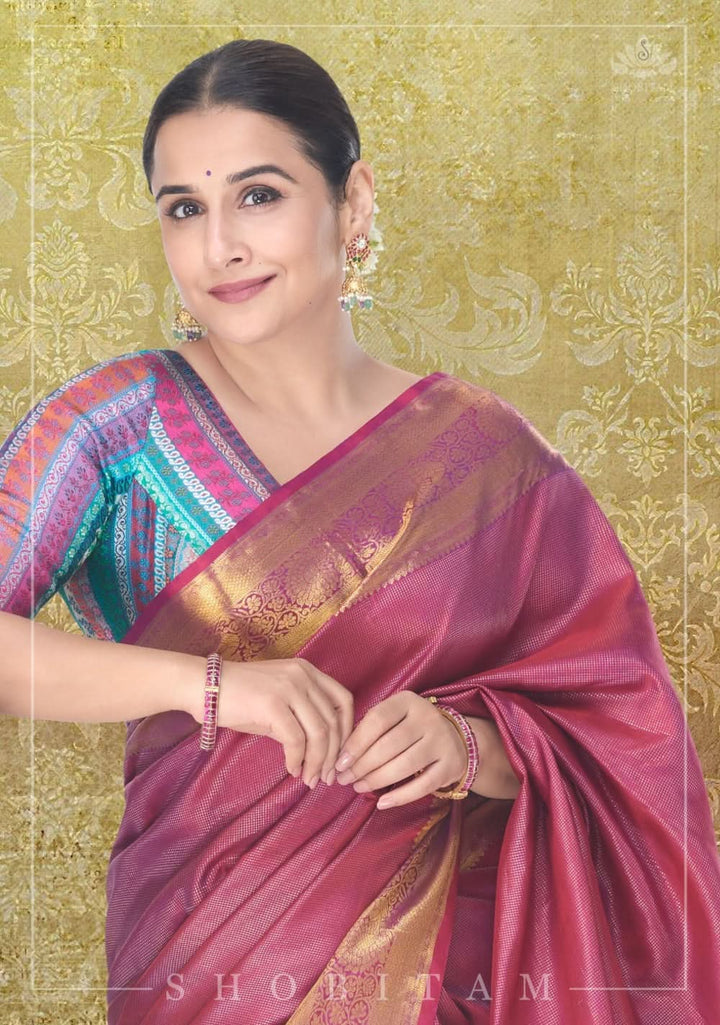 Shimmering Celebrity Special Zari Checks Pure Silk Kanjivaram Pure Silk Saree in Deep Pink | SILK MARK CERTIFIED