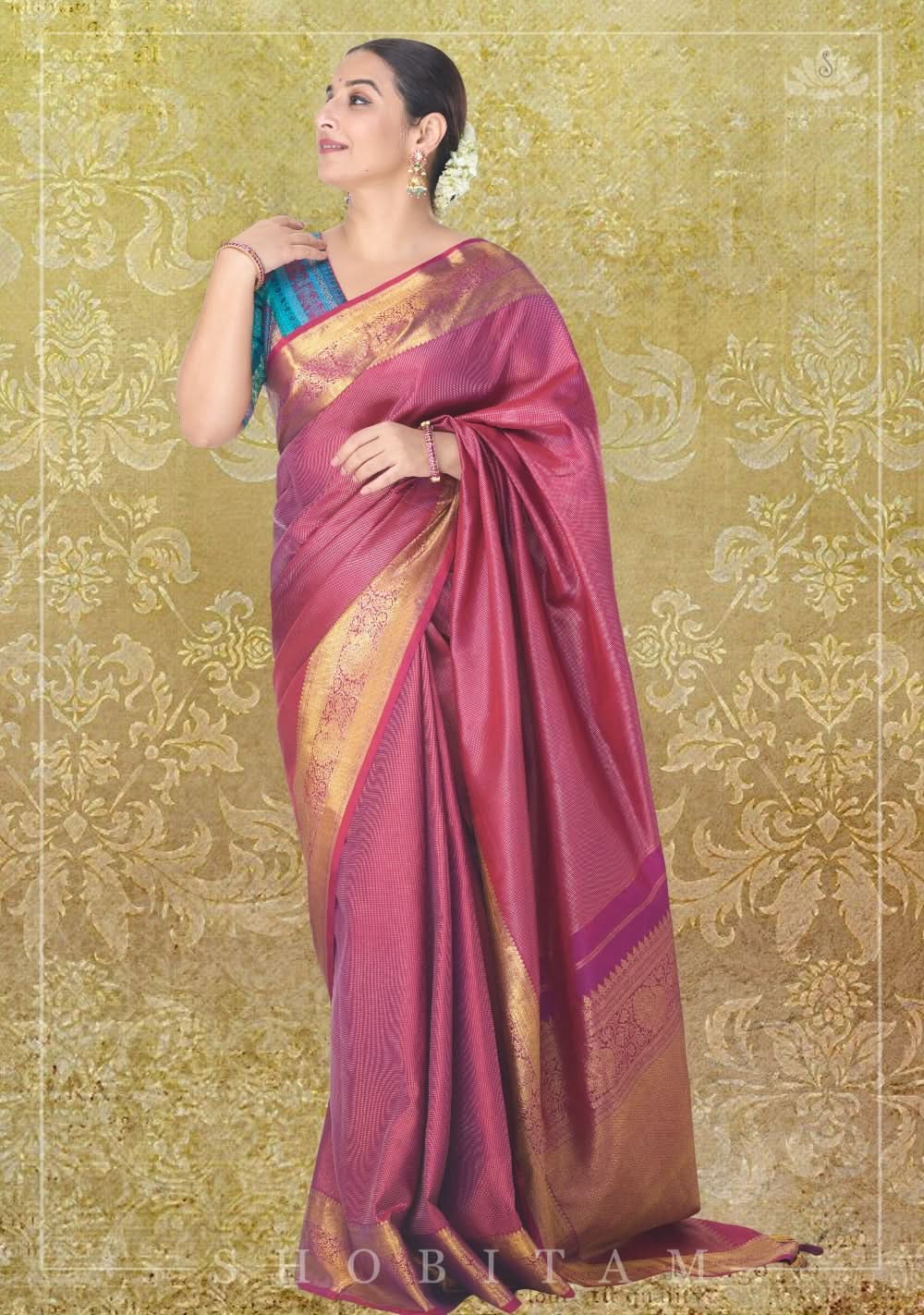 Shimmering Celebrity Special Zari Checks Pure Silk Kanjivaram Pure Silk Saree in Deep Pink | SILK MARK CERTIFIED
