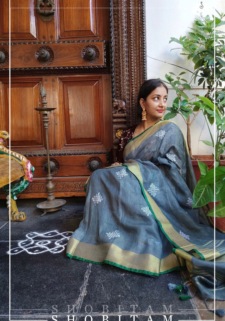 Pre order Kolam Linen embroidery Saree in Charcoal Gray and Green | Linen by Linen  Saree I Rangoli Saree