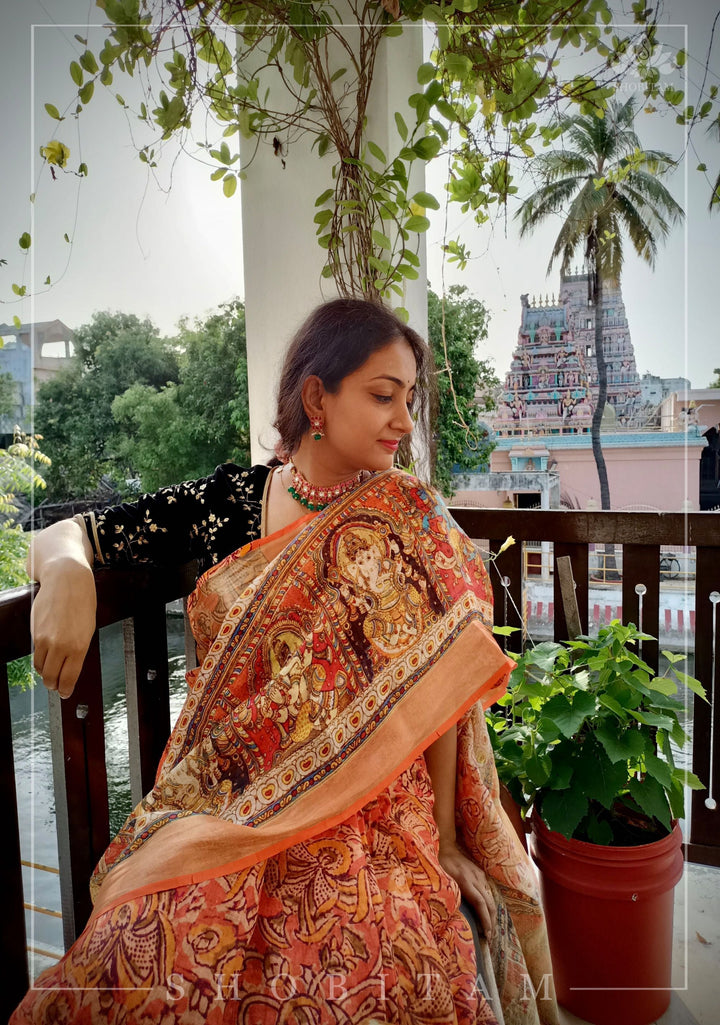 Orange Silk Linen Saree with Lord Ganesha Kalamkari Digital Print