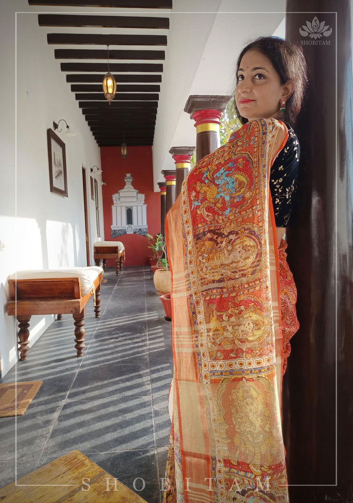 Orange Silk Linen Saree with Lord Ganesha Kalamkari Digital Print
