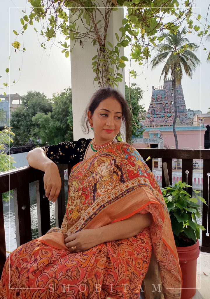 Orange Silk Linen Saree with Lord Ganesha Kalamkari Digital Print