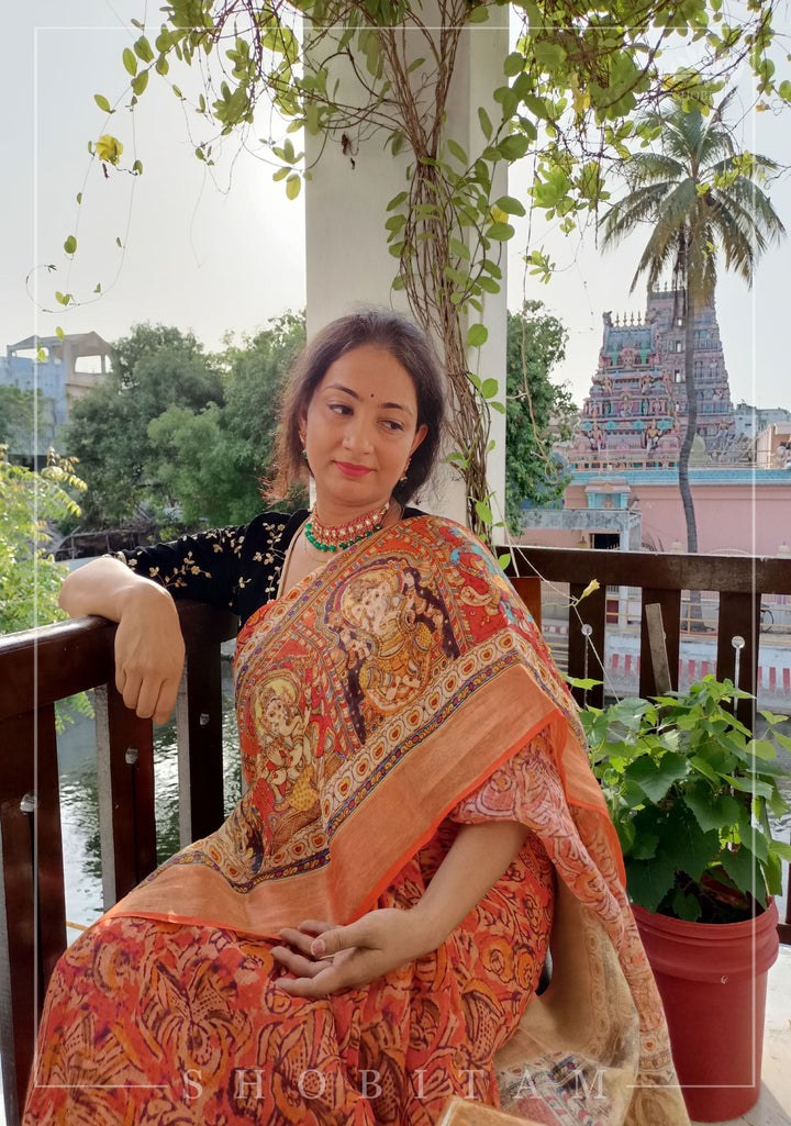 Orange Silk Linen Saree with Lord Ganesha Kalamkari Digital Print