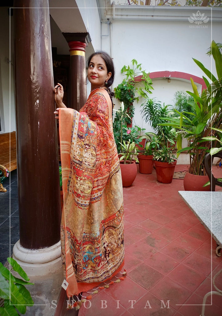 Orange Silk Linen Saree with Lord Ganesha Kalamkari Digital Print