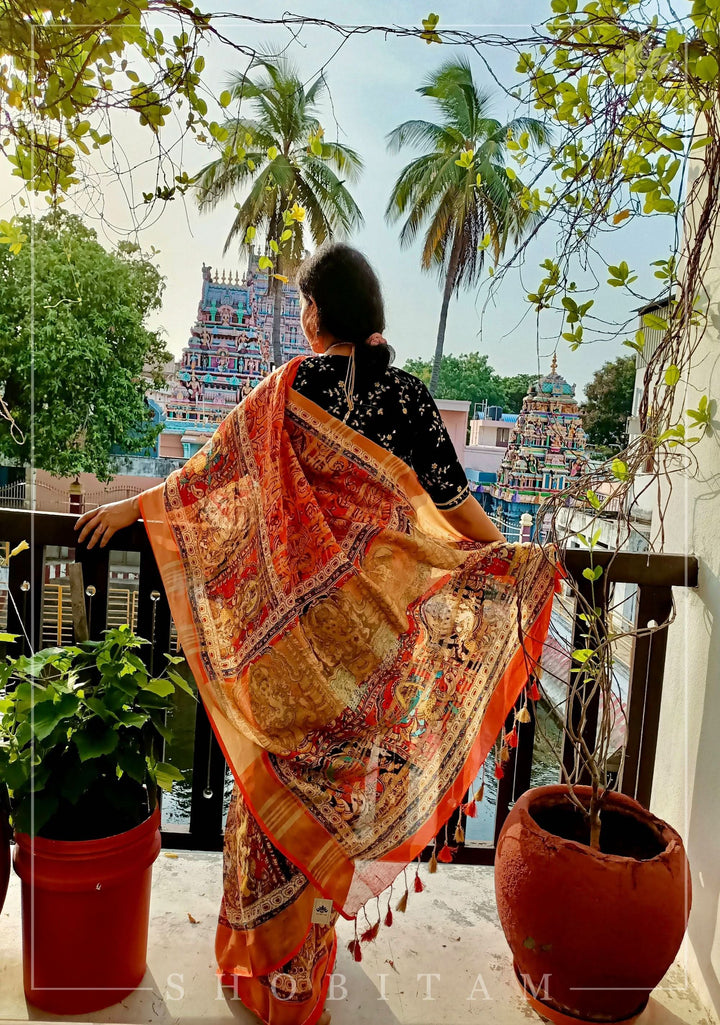 Orange Silk Linen Saree with Lord Ganesha Kalamkari Digital Print