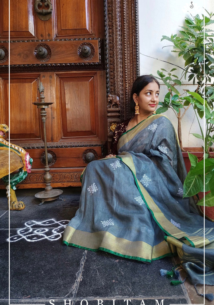 Pre order Kolam Linen embroidery Saree in Charcoal Gray and Green | Linen by Linen  Saree I Rangoli Saree