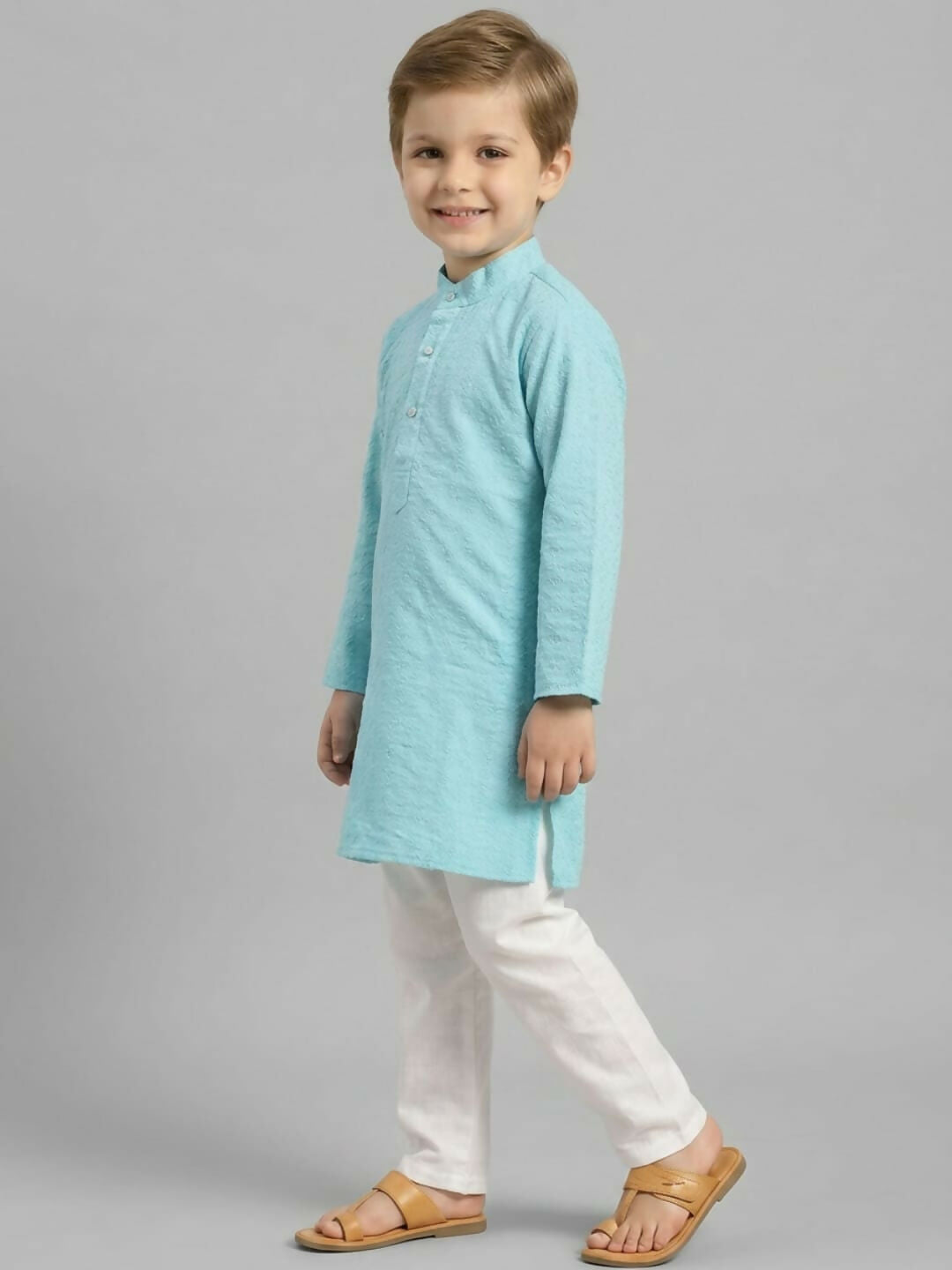 Boys Blue Textured Kurta Pajama Set | Ethnic Wear for Kids | SHOBITAM