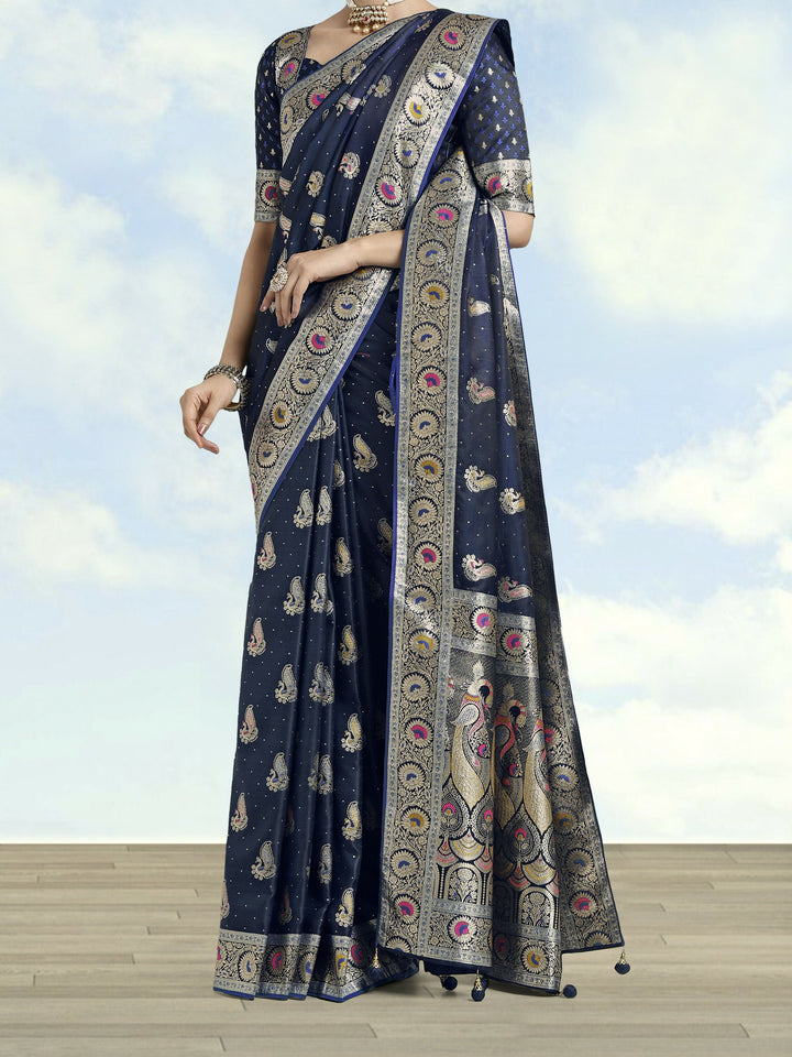 Blue Color Banarasi Satin Silk Zari Weaving Saree | SHOBITAM