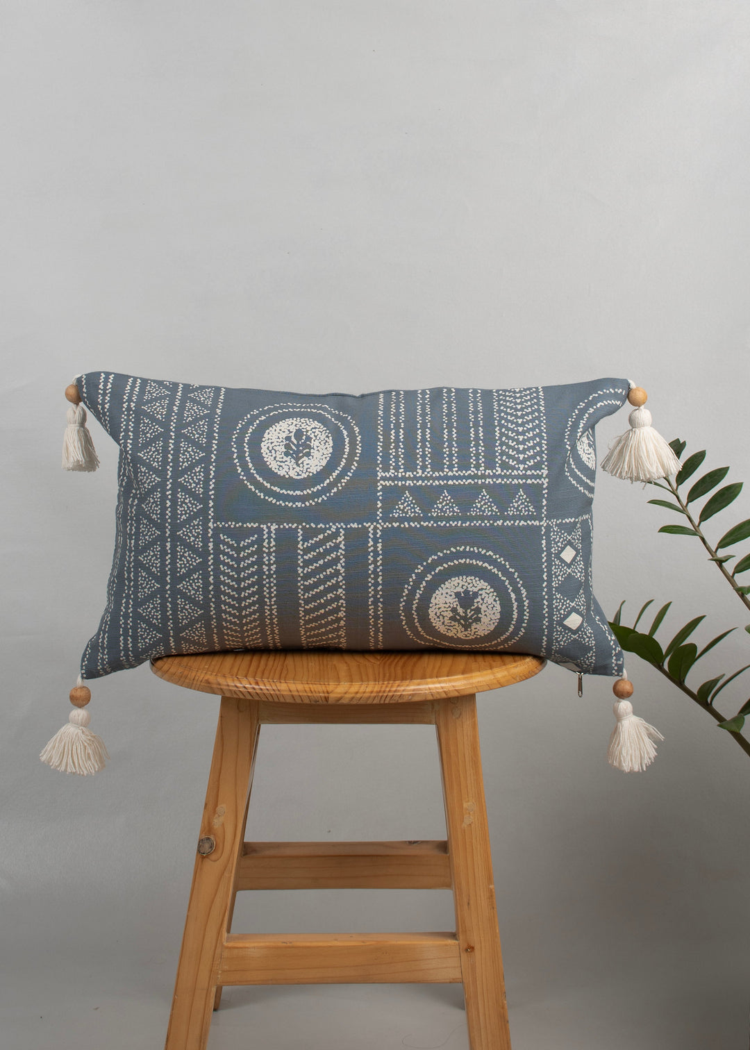 Cosmos Blue Floral-Geometric Printed Cushion Cover for Sofa – 100% Cotton 12" x 20" | SHOBITAM