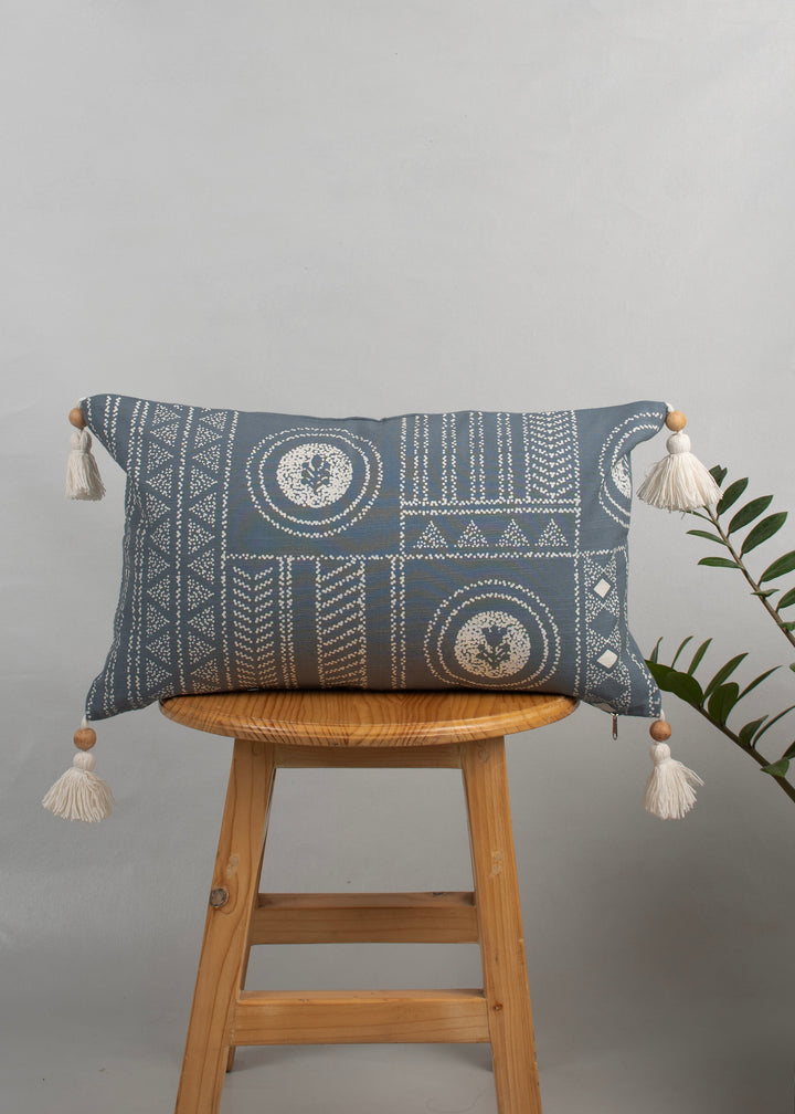 Cosmos Blue Floral-Geometric Printed Cushion Cover for Sofa – 100% Cotton 12" x 20" | SHOBITAM