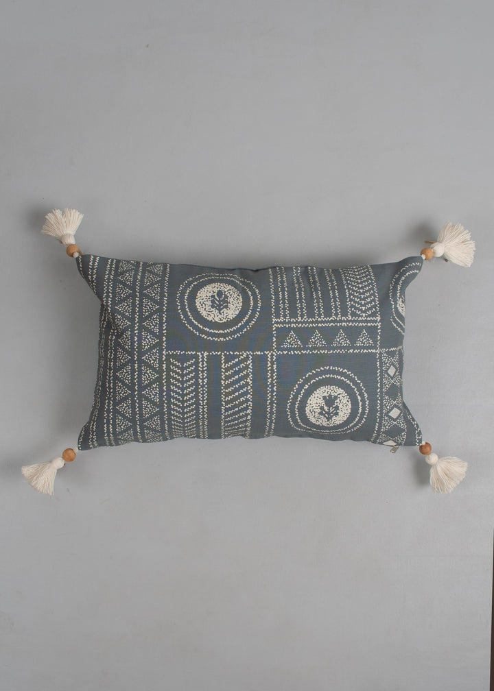 Cosmos Blue Floral-Geometric Printed Cushion Cover for Sofa – 100% Cotton 12" x 20" | SHOBITAM