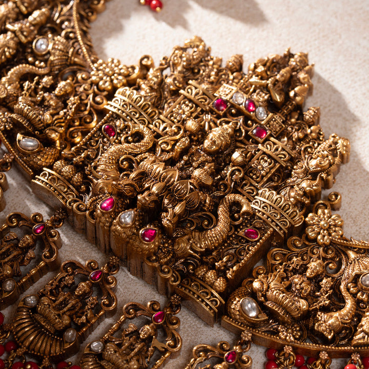 Pure 92.5 Silver, Gold Plated Lakshmi Devi Motif Gold Haram