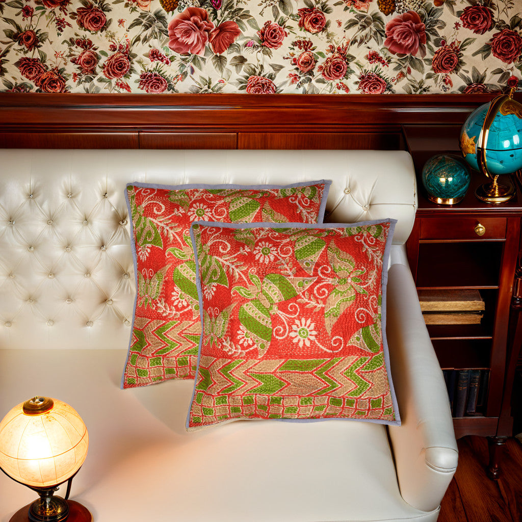 Red Brown Kantha Silk Reversible Cushion Cover - Pack of 1 | SHOBITAM