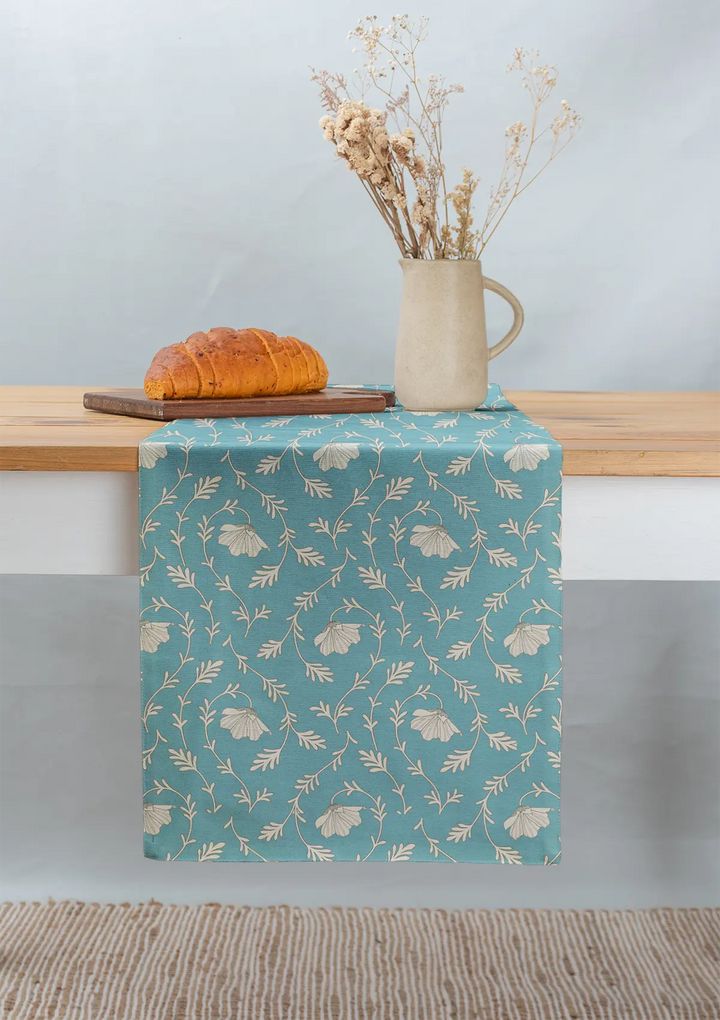 Eden aqua blue 100% cotton floral table runner for 4 seater or 6 seater dining | SHOBITAM