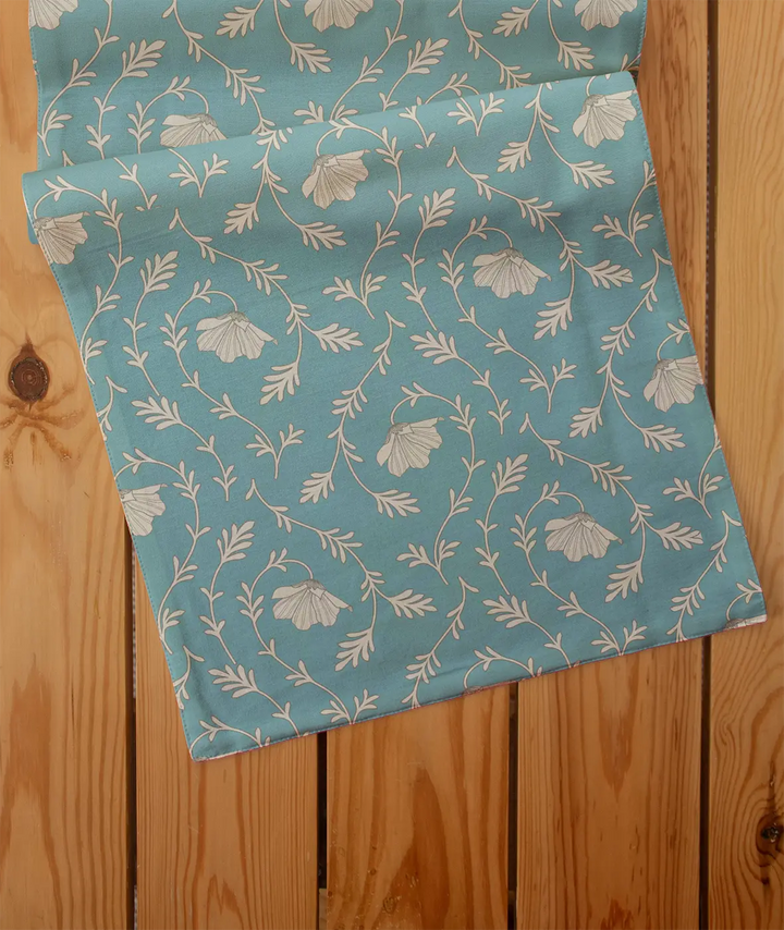 Eden aqua blue 100% cotton floral table runner for 4 seater or 6 seater dining | SHOBITAM