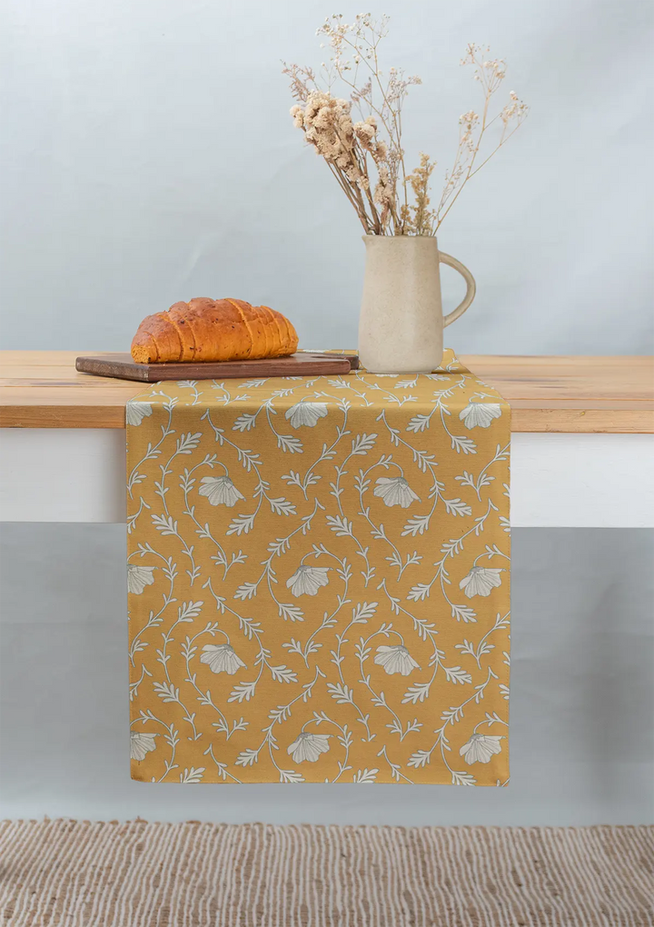 Eden mustard 100% cotton floral table runner for 4 seater or 6 seater dining | SHOBITAM