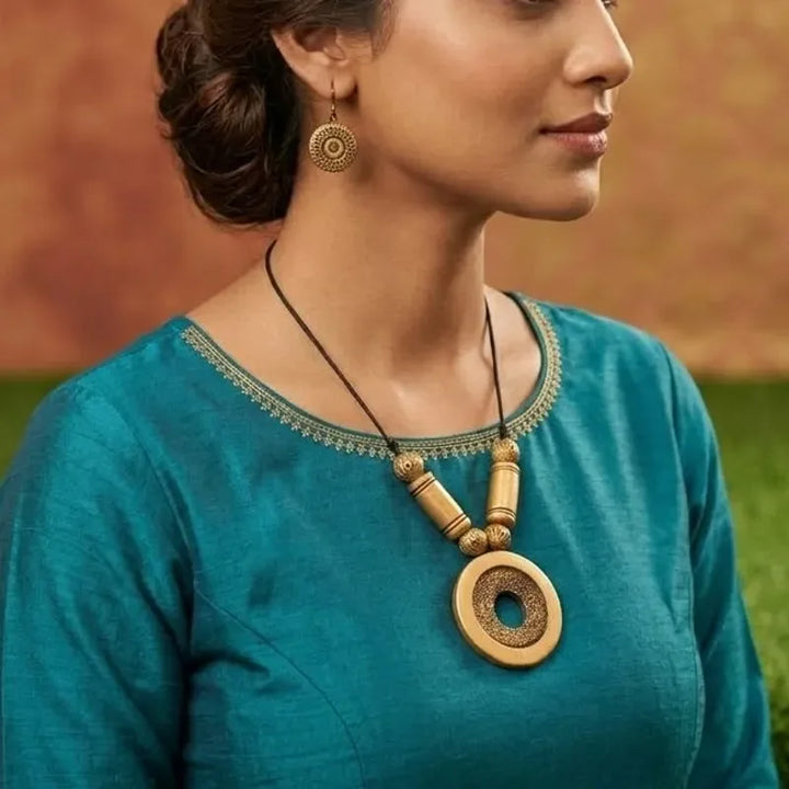 Minimalist Round Pendant Terracotta Necklace Set| SHOBITAM