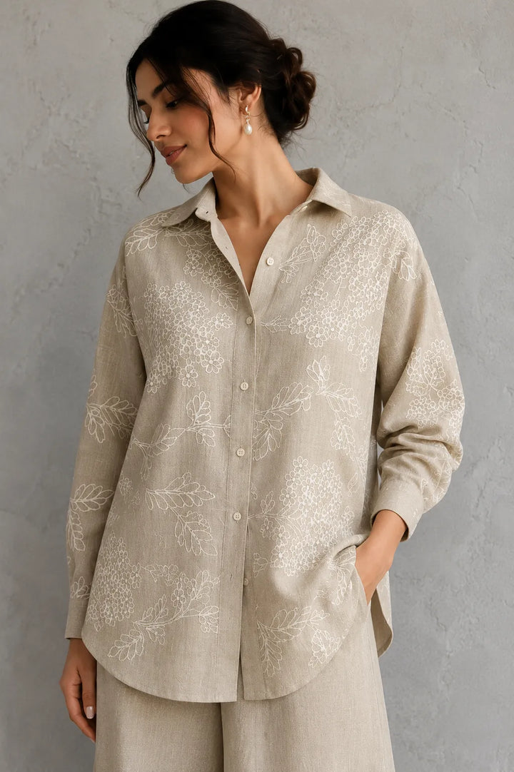Beige Essence Embroidered Linen Skord | SHOBITAM