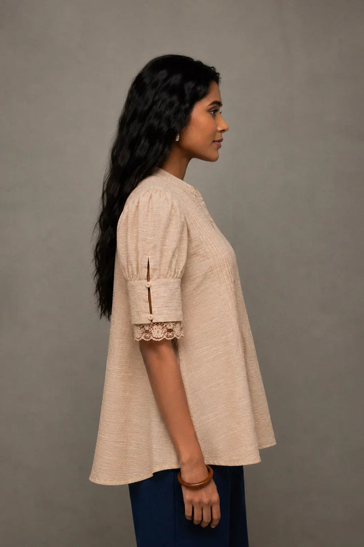 Beige Pure Cotton Buttoned Top | SHOBITAM