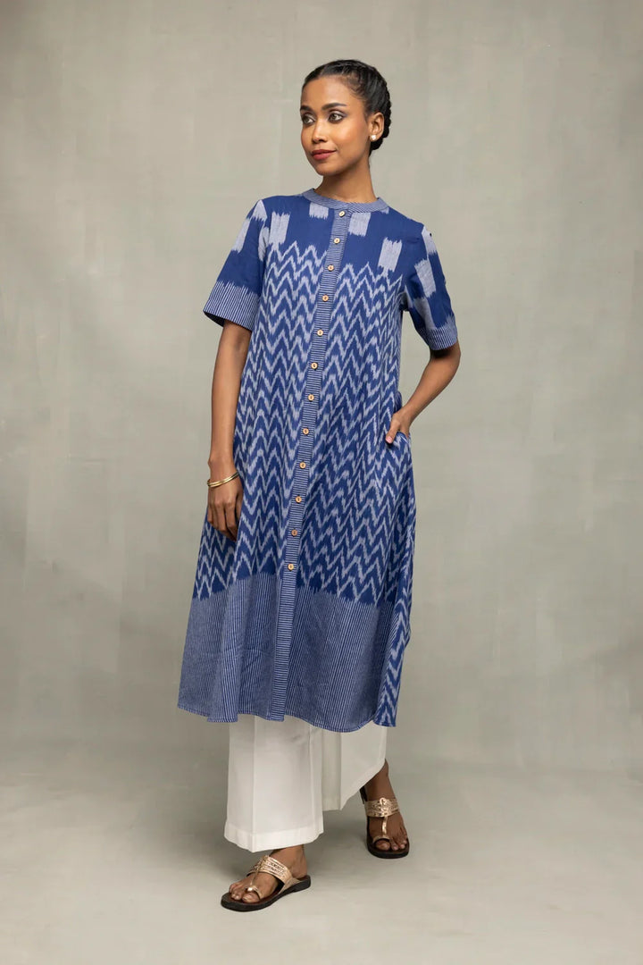 Handloom Blue Abstract Ikat Co-ord Set | SHOBITAM