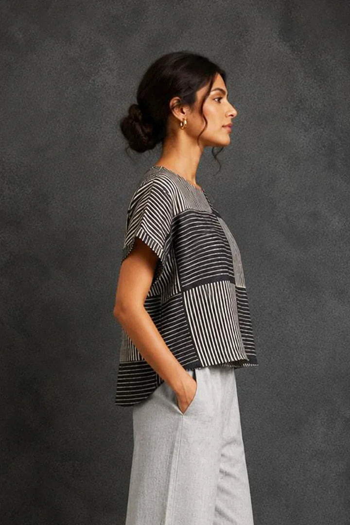 Grey Box Checks Hand Block Print Top | SHOBITAM