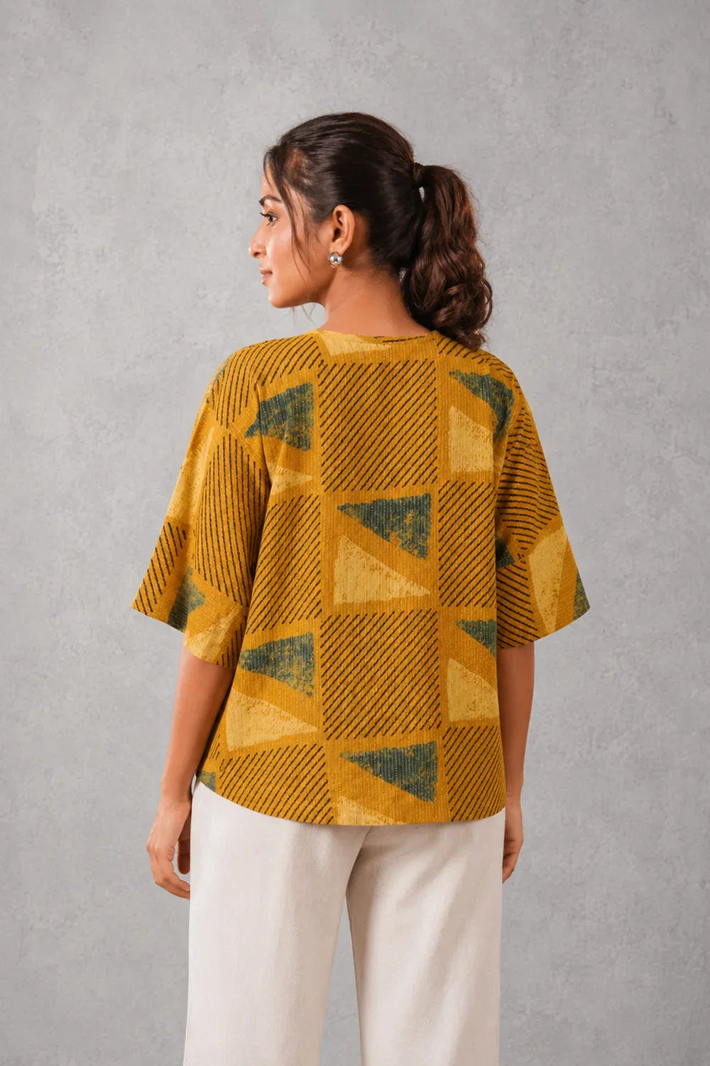 Mustard Yellow Cotton Ajrakh Top | SHOBITAM