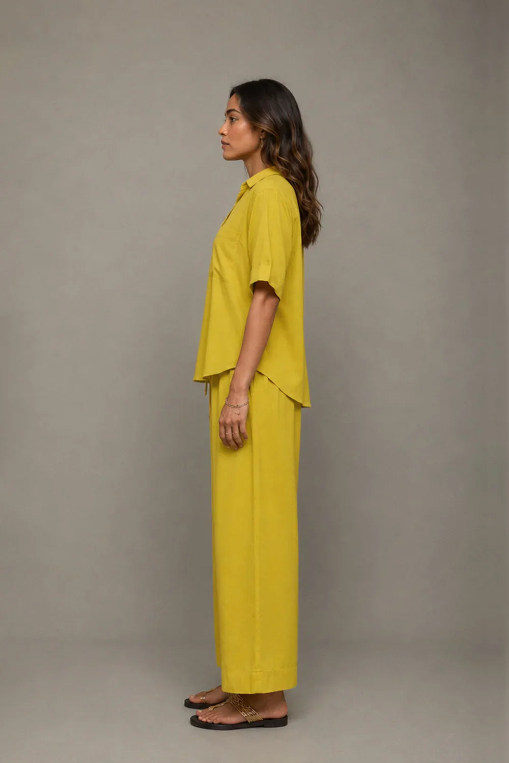 Plantain Yellow Co-Ord Shirt & Wide Leg Pant Set | SHOBITAM