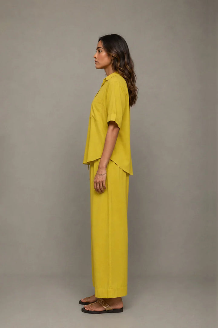 Plantain Yellow Co-Ord Shirt & Wide Leg Pant Set | SHOBITAM